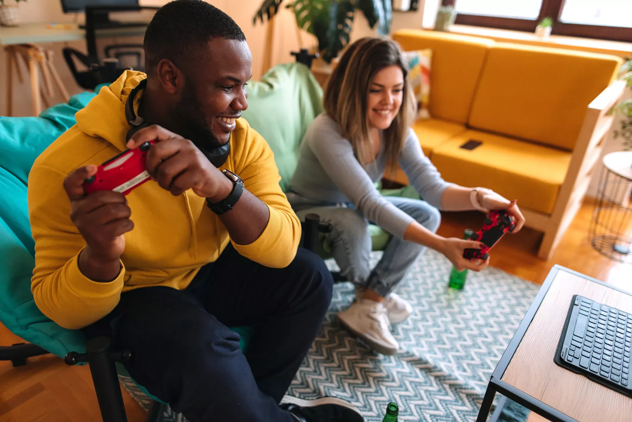 Happy friends gaming from home with fiber internet